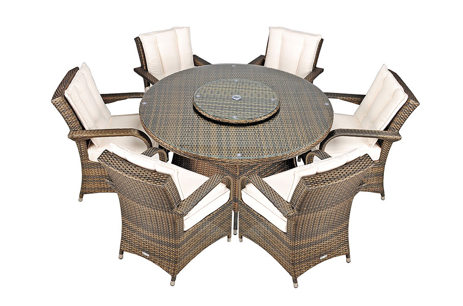 Arizona Rattan Garden Furniture 6 Seat Round Glass Top Table Dining Set